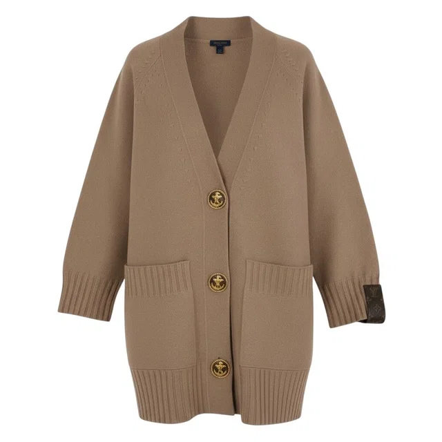 Louis Vuitton Long Cardigan Wool Knit Anchor Button Long Sweater Pink Beige M in Beige Wool from The Reluxe