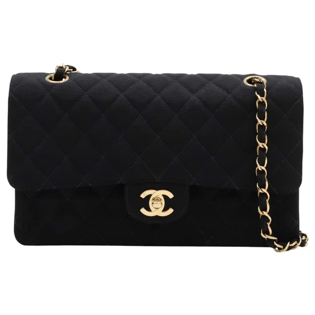 Chanel 1998 Vintage Cotton Classic Flap Chain Bag 25cm Black in Black from VINTAGE QOO TOKYO