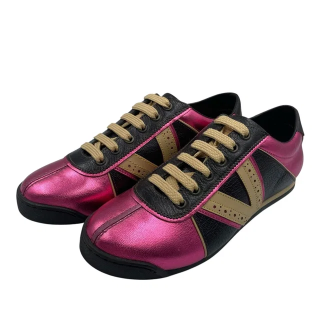 Louis Vuitton Sneakers Leather Embroidery Logo Pink Dark Brown Beige in Brown Leather from The Reluxe