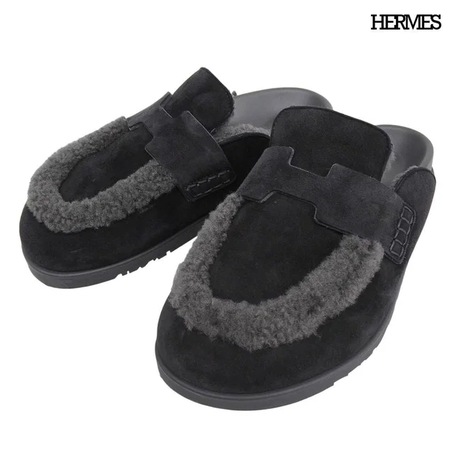 Hermès Mules Shearling Suede Logo Shoes Black 38 in Black Suede from The Reluxe