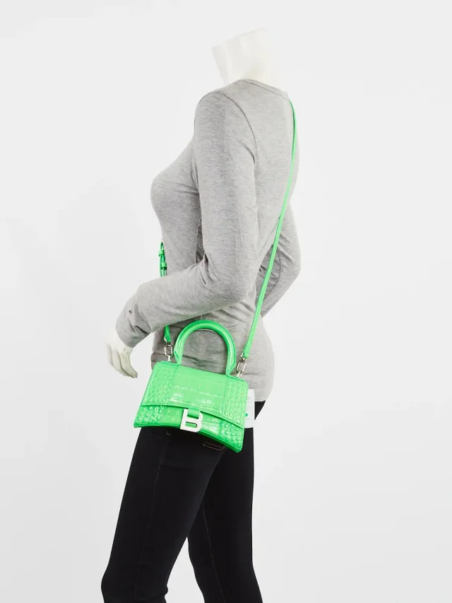 Balenciaga Bright Green Croc Embossed Leather Hourglass Crystal XS Top Handle Bag in Green Crocodile from Yoogis, photo 3 of 13
