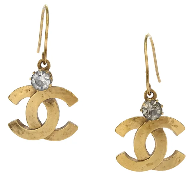 Chanel CC Dangle Pierced Earrings Gold Rhinestone 05A in Gold from AMORE Vintage Tokyo