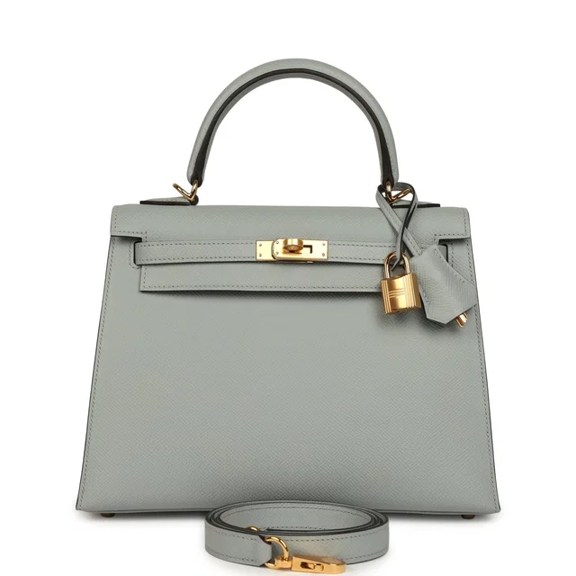 Hermès Kelly Sellier 25 Bleu Glacier Epsom Gold Hardware in Blue Epsom leather from Madison Avenue Couture