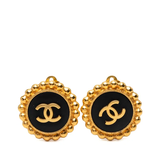 Chanel CC Gold Plated Enamel Round Clip On Earrings in Black from Designer Revival