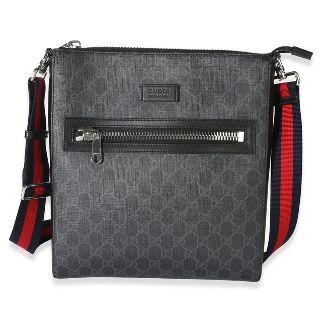 Gucci Black GG Supreme Canvas Web Flat Messenger Bag in Black Canvas from myGemma