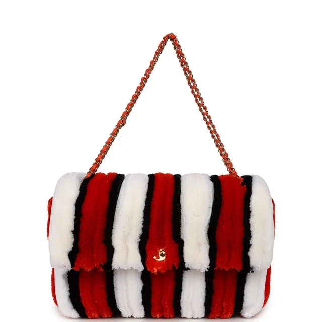 Chanel Maxi Coco Beach Stripe Flap Bag Orange, White and Black Raffia Gold Hardware in Black Raffia from Madison Avenue Couture