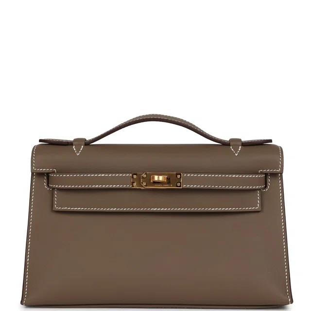Hermès Kelly Pochette Etoupe Swift Gold Hardware in Taupe Swift leather from Madison Avenue Couture