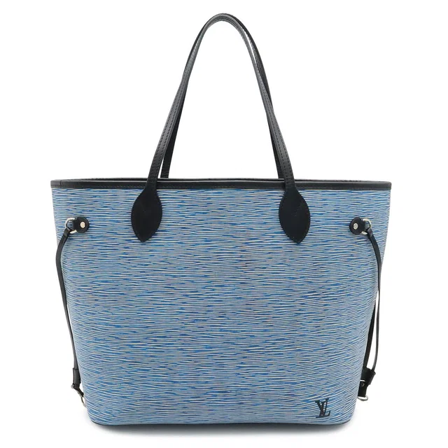 Louis Vuitton Epi Denim Neverfull MM Tote Shoulder Bag Leather Blue Pouch in Blue Denim from The Reluxe