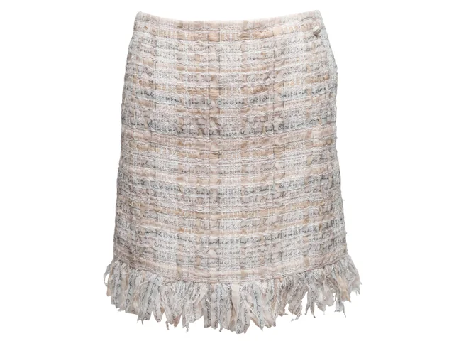 White & Beige Chanel Silk-Blend Plaid Tweed Skirt Size FR 36 in White Tweed from Designer Revival