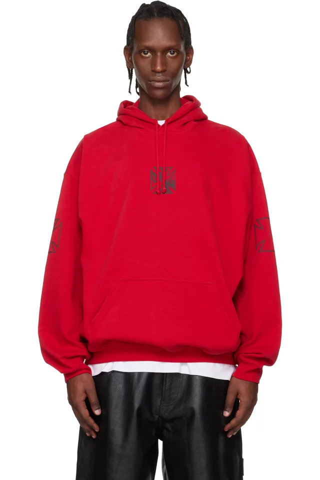 VETEMENTS Red Tripple Biker Cross Logo Hoodie from SSENSE, photo 1 of 1