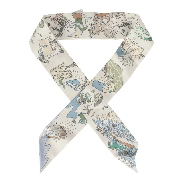 Hermès "Academia Hippica" Blanc, Bleu Clair, Vert Silk Twilly in White Silk from Madison Avenue Couture
