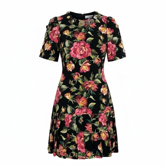 Dolce & Gabbana Rose Print Short Sleeve Dress Pleated Contrast Floral Decorative in Pink from The Reluxe