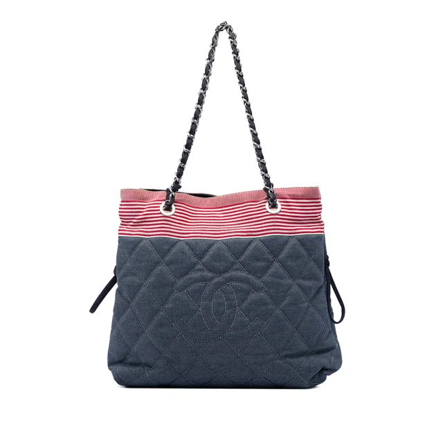 Gray Chanel CC Quilted Denim Grosgrain Drawstring Tote in Grey Denim from Designer Revival