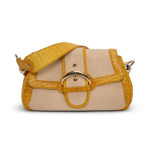 Celine Vintage Yellow Canvas Moc Croc Shoulder Bag in Yellow Crocodile from Blue Spinach