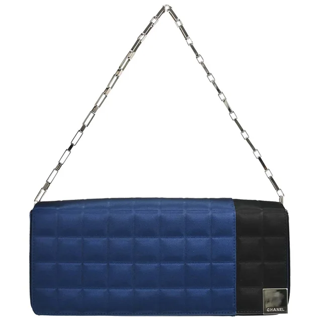 Chanel 2002-2003 Blue Black Satin Choco Bar Handbag in Black Satin from AMORE Vintage Tokyo