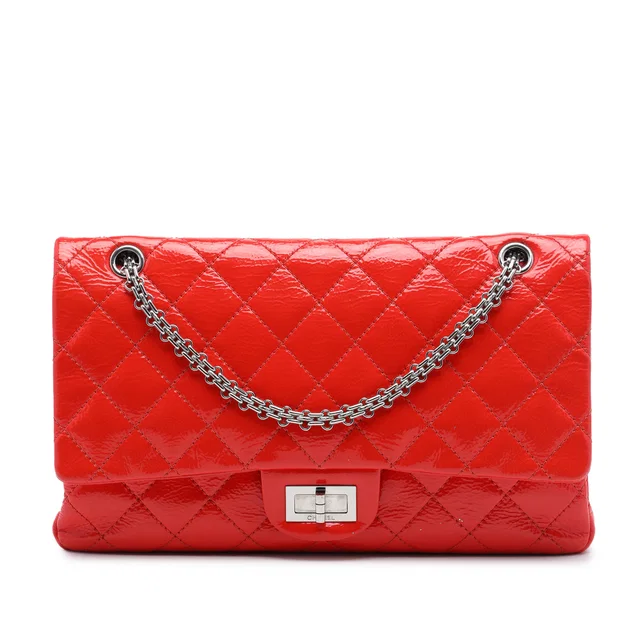 Red Chanel Quilted Crinkled Patent Reissue 2.55 Double Flap 227 Shoulder Bag in Red Patent leather from Designer Revival