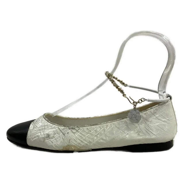 Chanel Flats C White Black Leather Lambskin 36.5 in Black Lambskin from The Reluxe