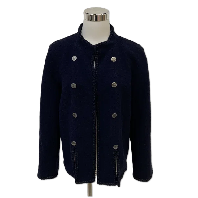 Chanel Navy Bouclé Double-Breasted "COCO" Button Knit Jacket size 44 in Navy from Luxury Promise