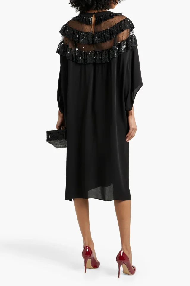 Valentino Garavani Embellished Point D'Esprit-Paneled Crepe de Chine Midi Dress in Black, photo 3 of 4 from THE OUTNET