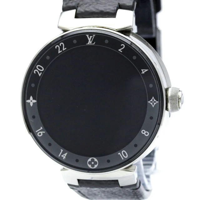 Louis Vuitton Tambour Horizon Steel Leather Quartz Mens Watch QA050 Polished in Black Leather from Elady