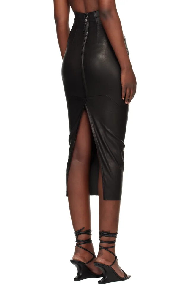 Rick Owens Black Temple Dirt Pilla Leather Midi Skirt, photo 3 of 4 from SSENSE