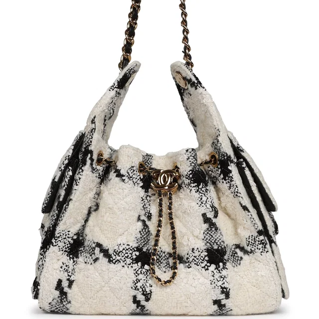 Chanel Small 25 Hobo Bag White, Black Tweed Gold Hardware in Black Tweed from Madison Avenue Couture