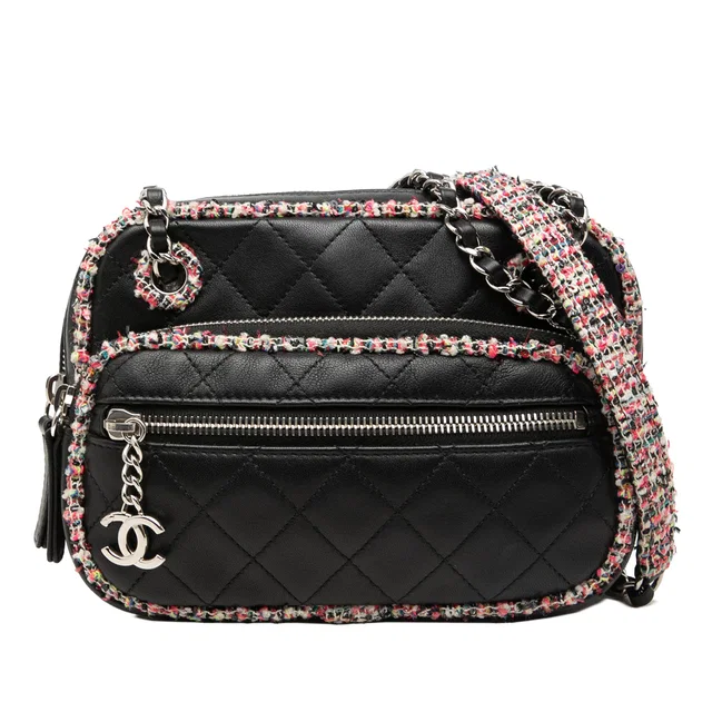 Black Chanel CC Quilted Lambskin Tweed Elegant Trim Front Zip Camera Bag in Black Lambskin from Designer Revival