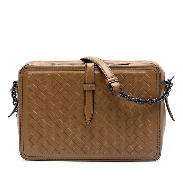 Brown Bottega Veneta Nappa Intrecciato Belt Flap Camera Bag in Brown Nappa leather from Designer Revival