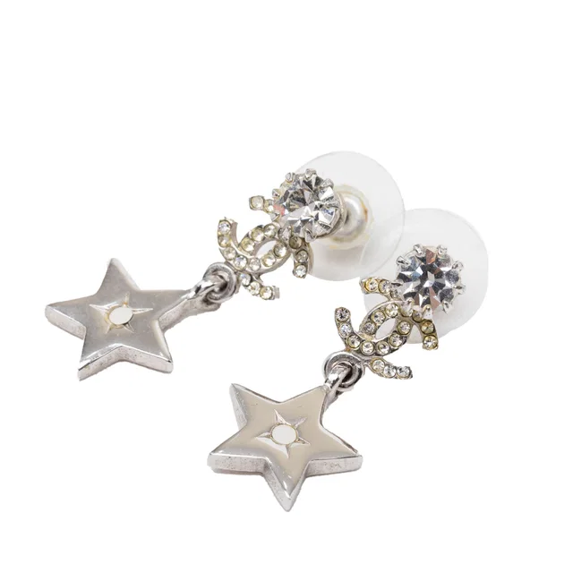 Silver Chanel CC Brass and Strass Star Drop Push Back Earrings in Silver from Designer Revival