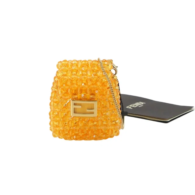 Fendi Pico Baguette Chain Shoulder Pouch Beads Leather Orange Charm in Orange Leather from The Reluxe
