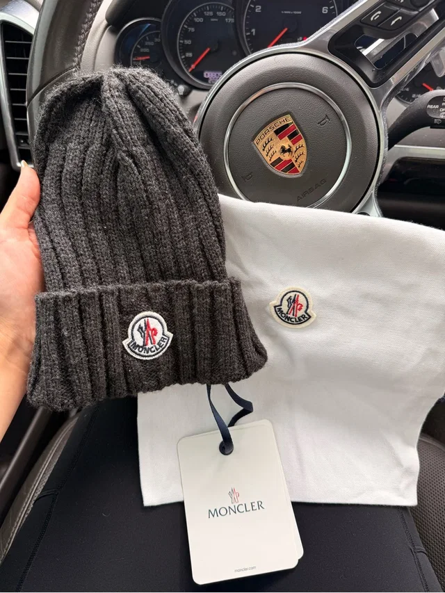 Moncler Wool Ribbed Knit Beanie Hat Gray Used No Pom W/ Dust Bag & Tags in gray Wool from Poshmark