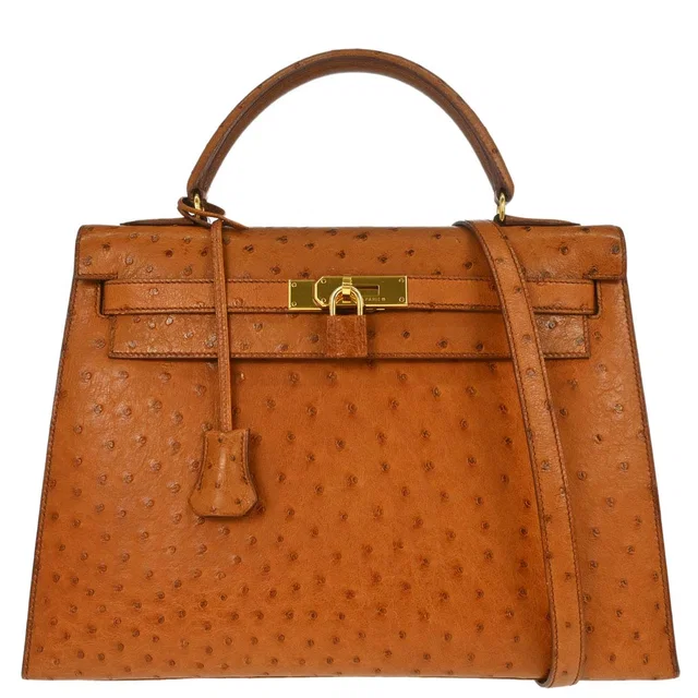 Hermès Cognac Ostrich Kelly 32 Sellier 2way Shoulder Handbag in Brown Ostrich from AMORE Vintage Tokyo