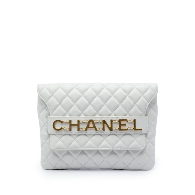 White Chanel Quilted Calfskin Logo Enchained Clutch in White Calfskin from Designer Revival, photo 1 of 1