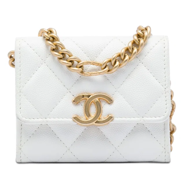 White Chanel Quilted Caviar Card Holder on Chain Crossbody Bag in White Caviar leather from Designer Revival