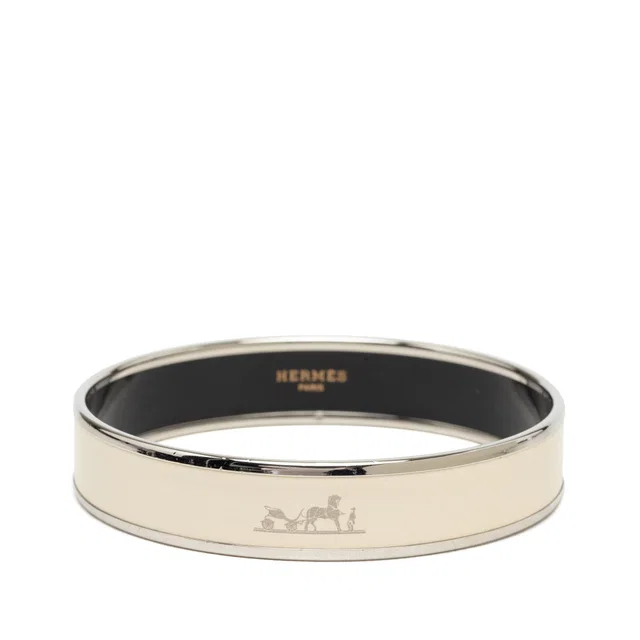 White Hermès Wide Caleche Enamel Bangle 70 Costume Bracelet in White from Designer Revival