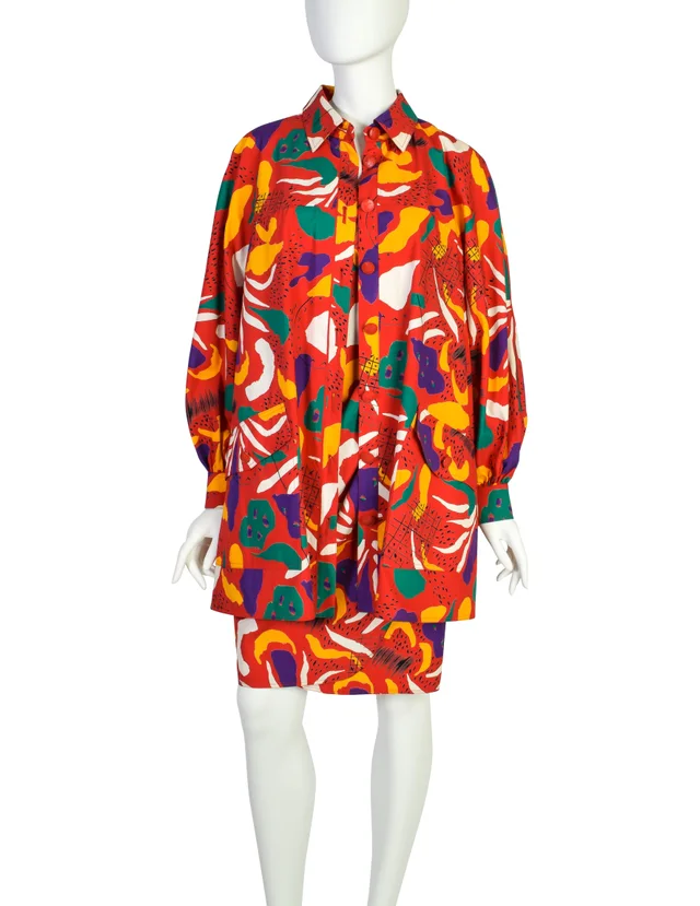 Fendi Vintage Red Multicolor Graphic Cotton Sundress and Shirt Jacket Ensemble Set in Multicolor from Amarcord Vintage Fashion