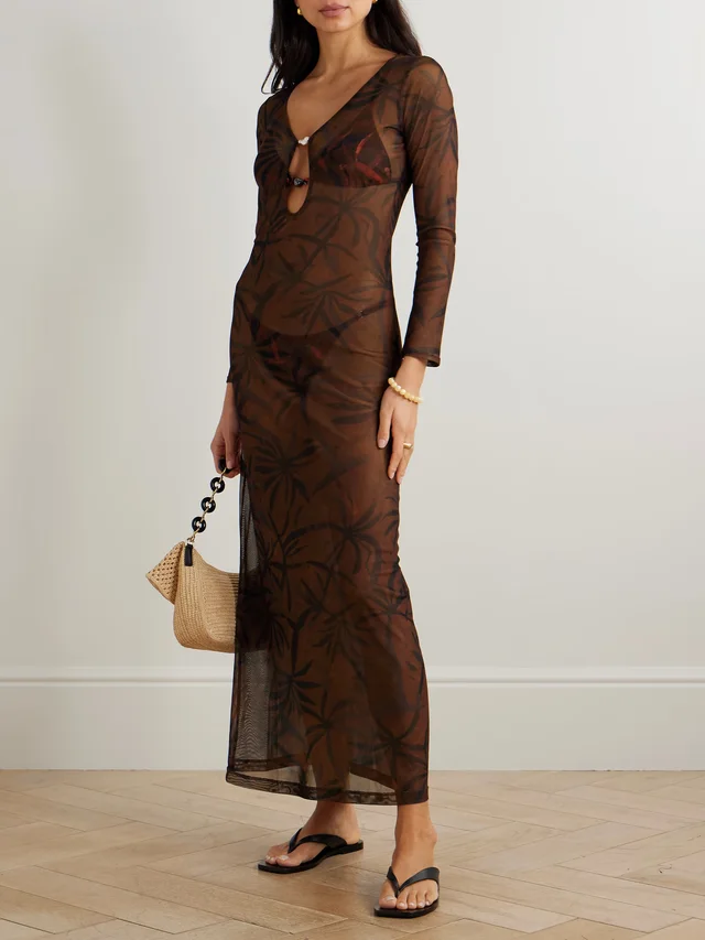 SARA CRISTINA Marina pearl-embellished printed stretch-tulle coverup in Brown, photo 2 of 2 from NET-A-PORTER (Canada)