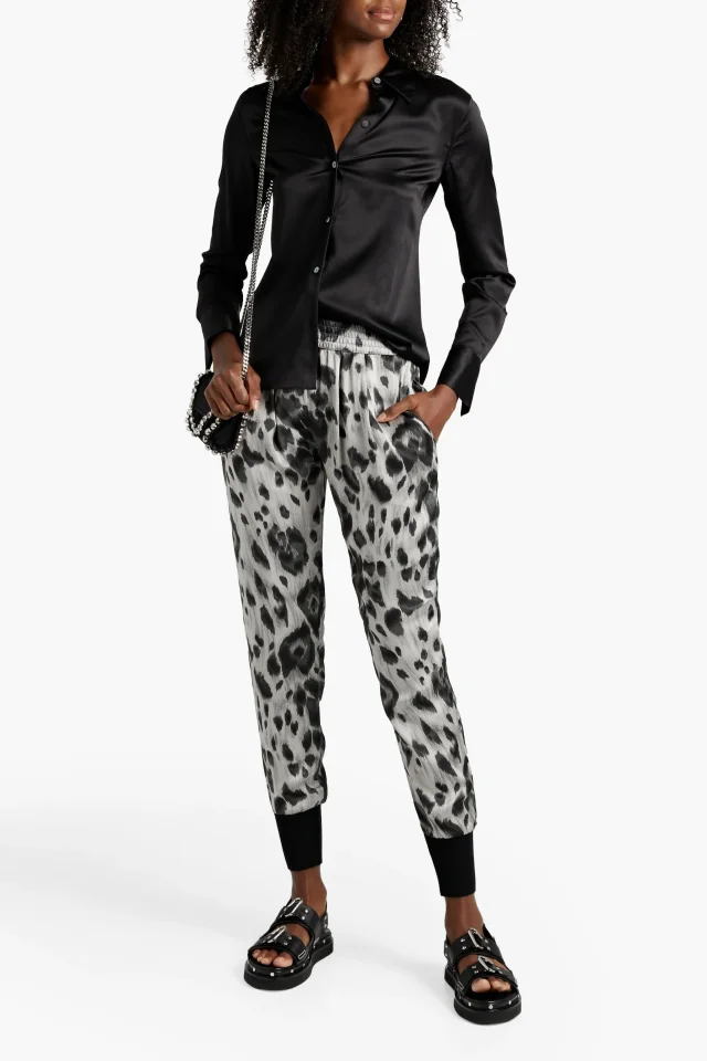 Stella McCartney Pleated Leopard-Print Silk-Satin Tapered Pants in Black, photo 2 of 4 from THE OUTNET
