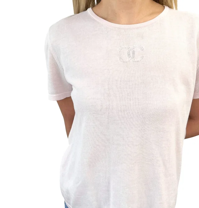 Chanel Vintage 06P CC Mark Logo Short Sleeve Top #38 T-shirt Pink Cotton Mesh in Pink from Luxury Promise