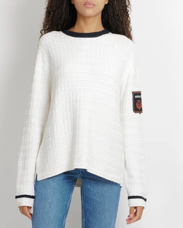 Loro Piana White Silk Knitted Jumper with NavyTrims and Monaco Arm Patch Size L (UK 12) in White Silk from Sellier