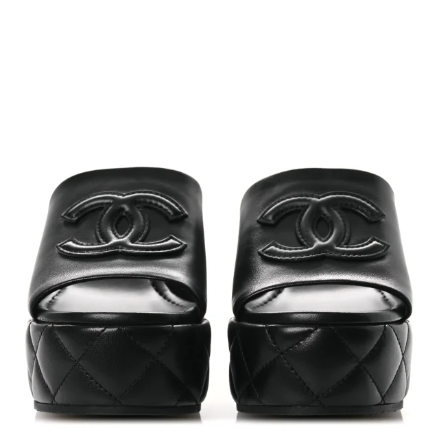 Chanel Quilted CC Platform Mules 39 Black in Black Lambskin from FASHIONPHILE, photo 3 of 11