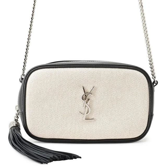 Saint Laurent Lou Fringe Camera Bag Beige/Black612563 Canvas Leather Size Mini in Beige Canvas from GALLERY RARE