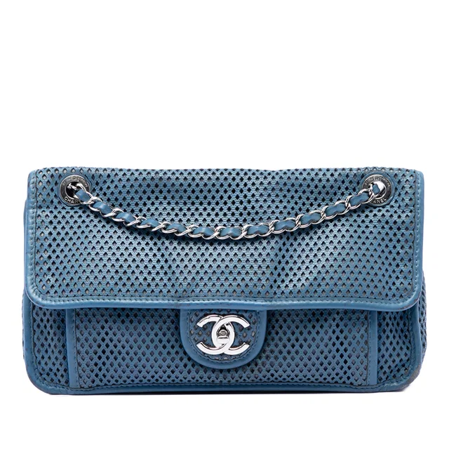 Blue Chanel Medium Perforated Calfskin Up In The Air Flap Shoulder Bag in Blue Calfskin from Designer Revival