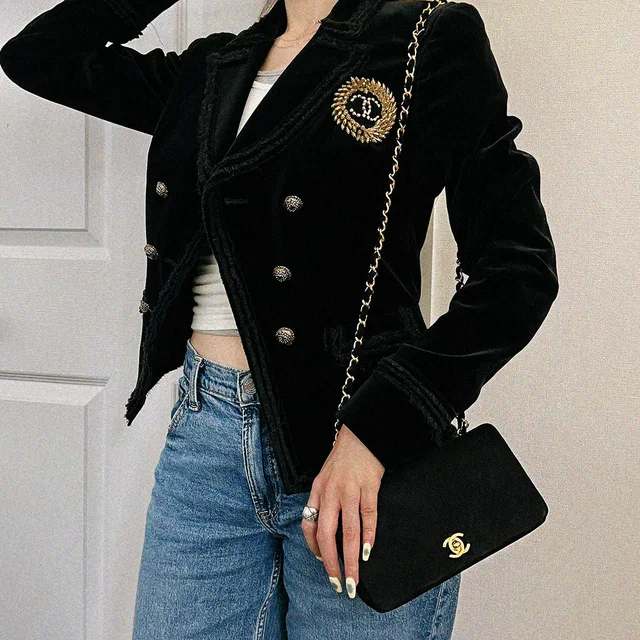 Chanel CC Mark Button Bijou Double Breasted Jacket #36 Black in Black from VINTAGE QOO TOKYO