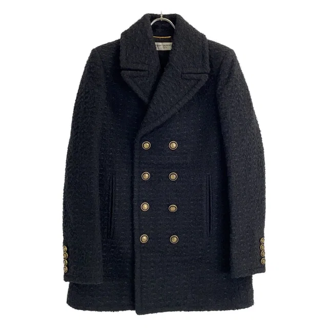 Saint Laurent Black Wool Tweed Double Breasted Pea Coat 36 in Black Tweed from The Reluxe
