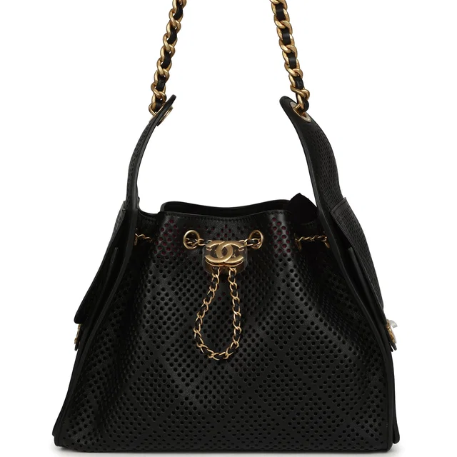 Chanel Small 25 Hobo Bag Black Perforated Calfskin Antique Gold Hardware in Black Calfskin from Madison Avenue Couture