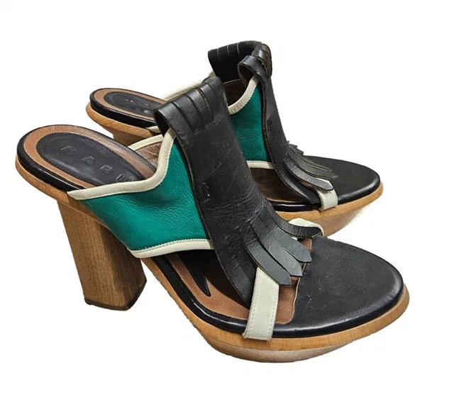 Marni Kiltie Fringe Platform Sandals with Wooden Block Heel - Size UK 6 / EU 39 in Multi-coloured Leather from Oxfam Online Shop