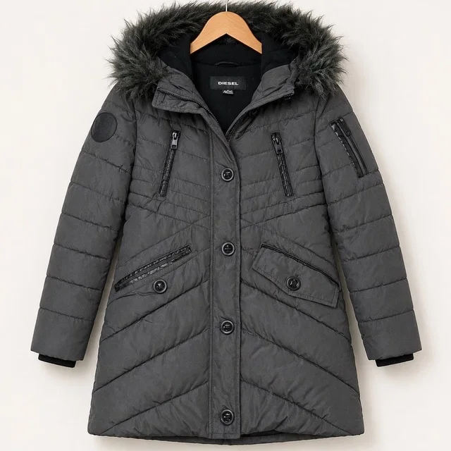 Diesel Girls 6 Olive Puffer Parka Faux Fur Hood Long Winter Coat Outdoors Ski in green from Poshmark