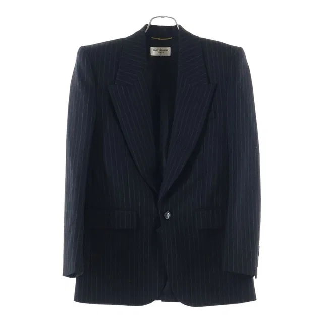 Saint Laurent Striped Pattern Wool Single Tailored Jacket Black in Black Wool from The Reluxe