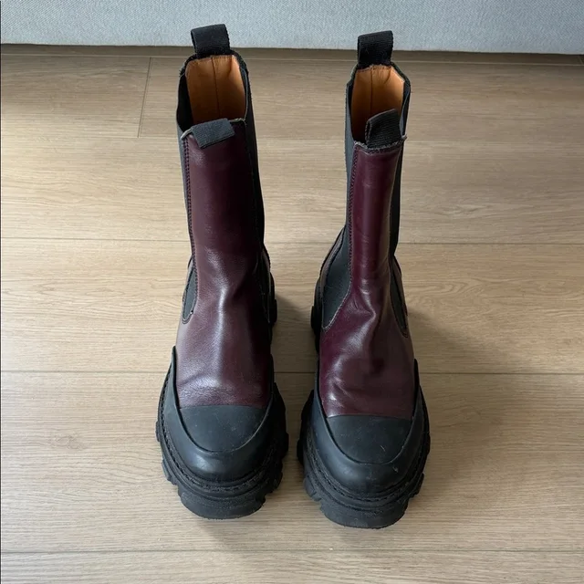 GANNI Burgundy And Black Lug-Sole Chelsea Boots in black|red Leather from Poshmark